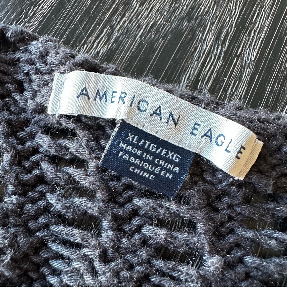 American Eagle Bell Sleeve Open Knit Ballet Neck Black Crochet Sweater, XL - Picture 7 of 10